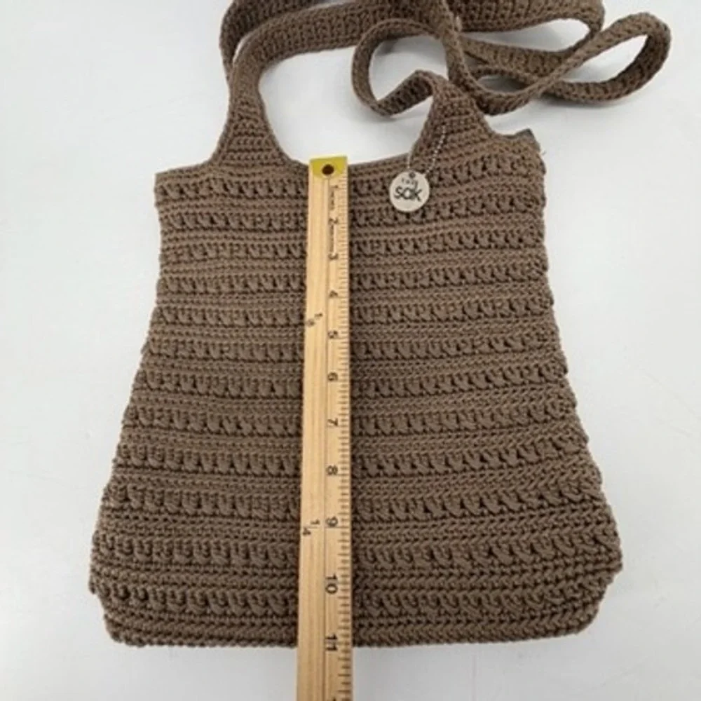 The Sak Brown Crochet Shoulder Bag Zipper Tote Textured Knit Boho Handbag